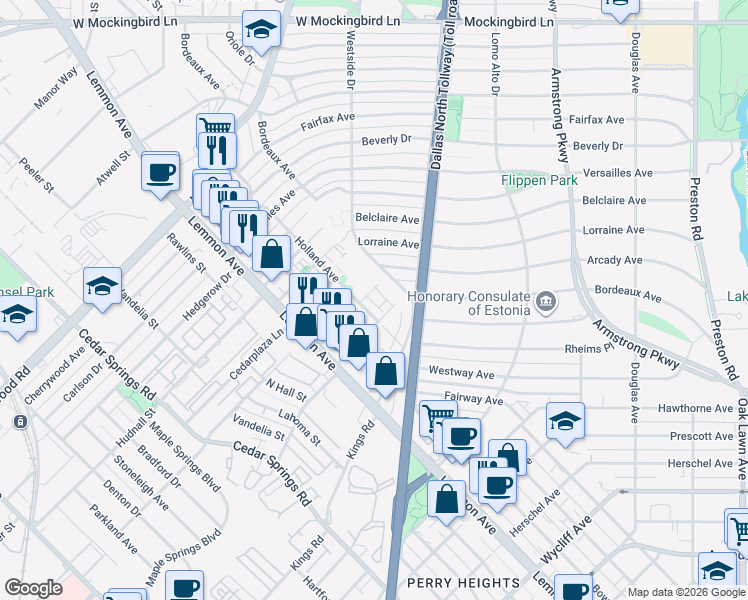 map of restaurants, bars, coffee shops, grocery stores, and more near 5020 Holland Avenue in Dallas