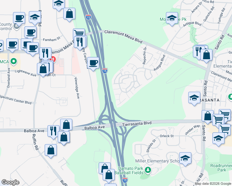 map of restaurants, bars, coffee shops, grocery stores, and more near 5288 Caminito Aruba in San Diego
