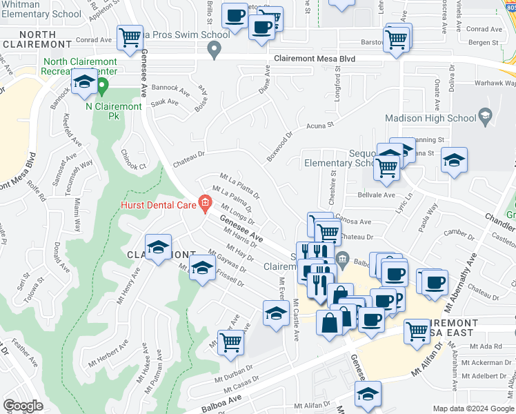 map of restaurants, bars, coffee shops, grocery stores, and more near 4929 Mount La Platta Drive in San Diego