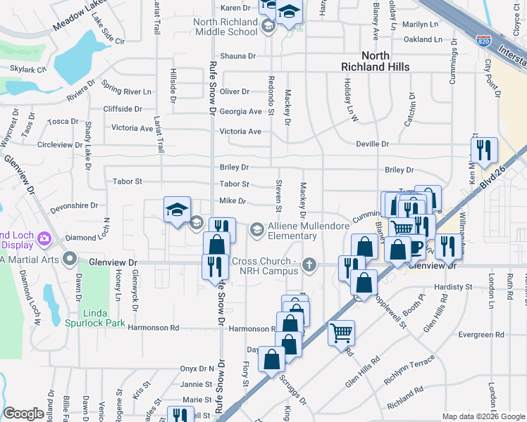 map of restaurants, bars, coffee shops, grocery stores, and more near 6753 Manor Drive in Fort Worth