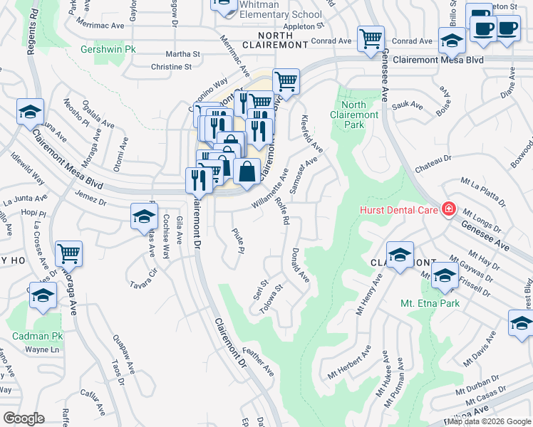 map of restaurants, bars, coffee shops, grocery stores, and more near 4555 Quantico Avenue in San Diego