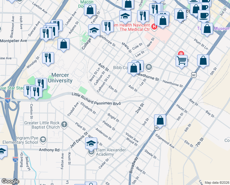 map of restaurants, bars, coffee shops, grocery stores, and more near 1440 Telfair Street in Macon