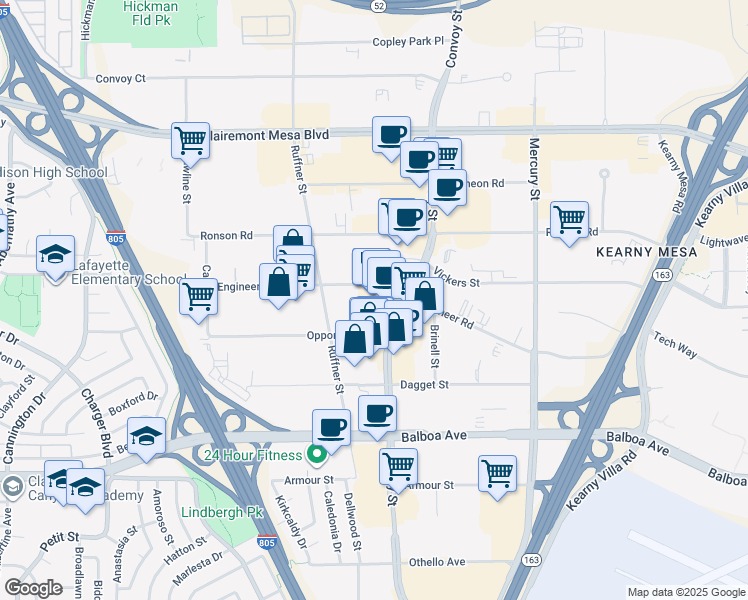 map of restaurants, bars, coffee shops, grocery stores, and more near 4690 Convoy Street in San Diego
