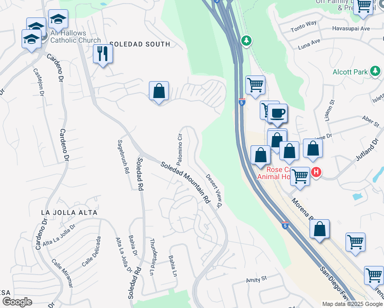map of restaurants, bars, coffee shops, grocery stores, and more near 5830 Desert View Drive in San Diego