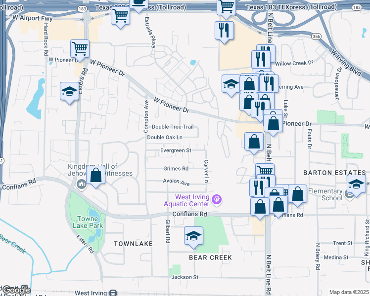 map of restaurants, bars, coffee shops, grocery stores, and more near 3841 Evergreen Street in Irving