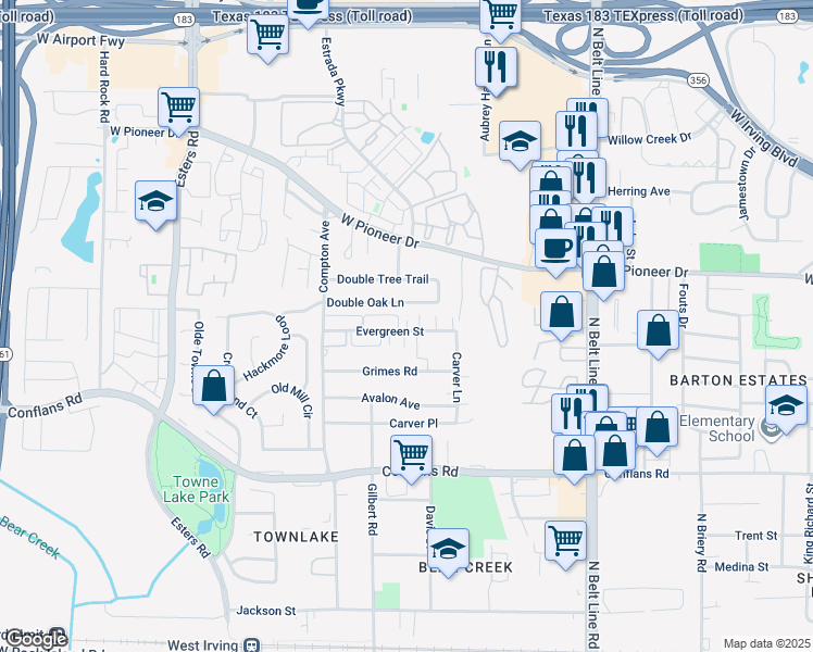 map of restaurants, bars, coffee shops, grocery stores, and more near 3851 Evergreen Street in Irving