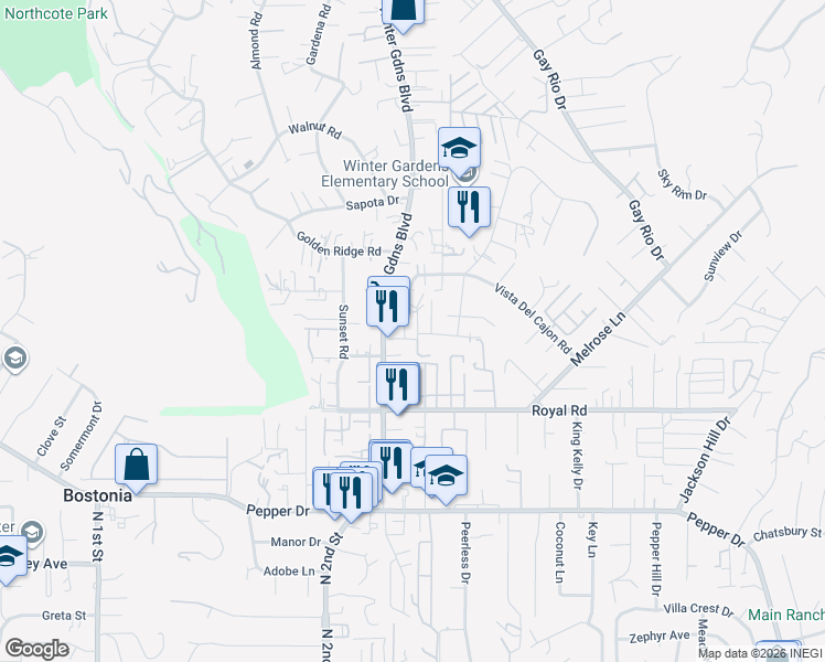 map of restaurants, bars, coffee shops, grocery stores, and more near in Winter Gardens