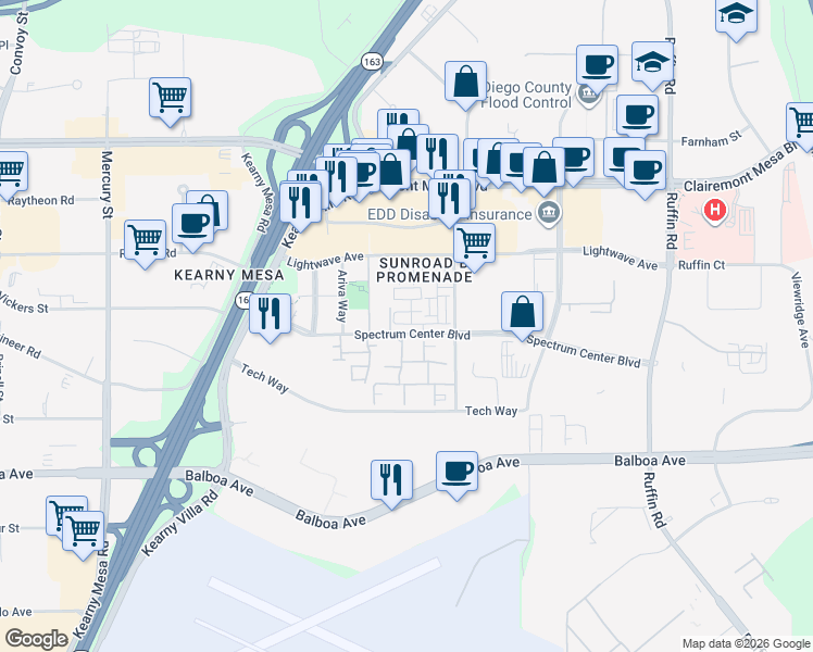 map of restaurants, bars, coffee shops, grocery stores, and more near 8829 Spectrum Center Boulevard in San Diego