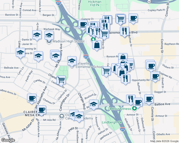 map of restaurants, bars, coffee shops, grocery stores, and more near 4676 Berwick Drive in San Diego