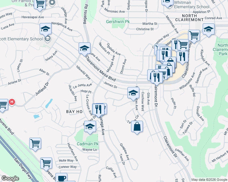 map of restaurants, bars, coffee shops, grocery stores, and more near 3511 Idlewild Way in San Diego