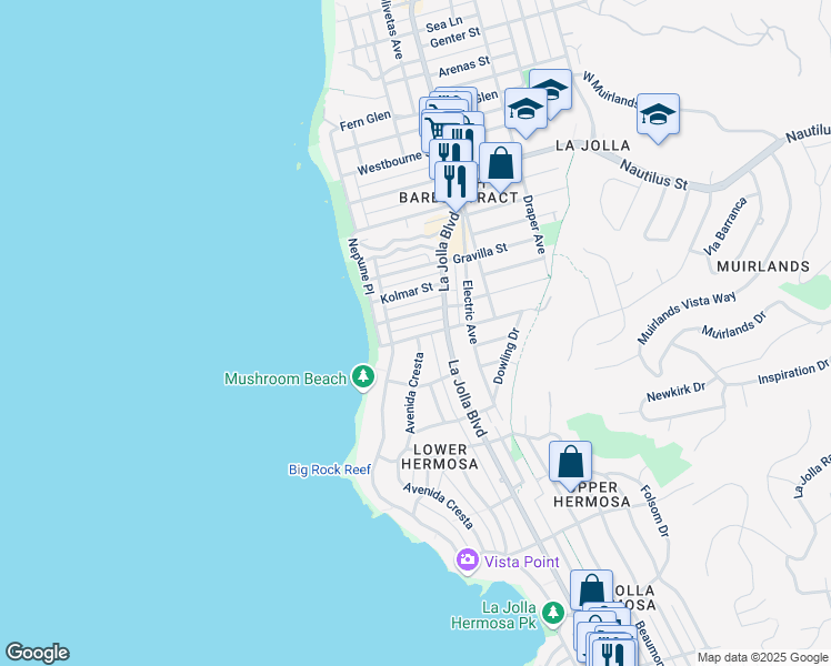 map of restaurants, bars, coffee shops, grocery stores, and more near 6461 Avenida Cresta in San Diego