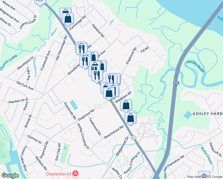 map of restaurants, bars, coffee shops, grocery stores, and more near in Charleston