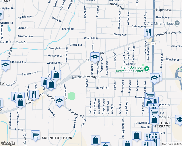 map of restaurants, bars, coffee shops, grocery stores, and more near 2920 Mercer University Drive in Macon