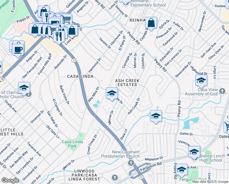 map of restaurants, bars, coffee shops, grocery stores, and more near 1716 Mariposa Drive in Dallas