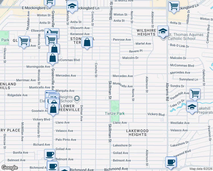 map of restaurants, bars, coffee shops, grocery stores, and more near 6028 1/2 Marquita Avenue in Dallas