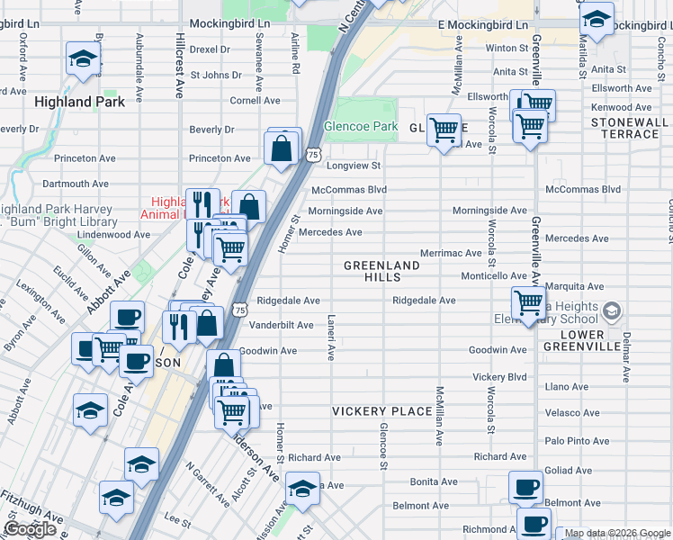 map of restaurants, bars, coffee shops, grocery stores, and more near 5252 Monticello Avenue in Dallas