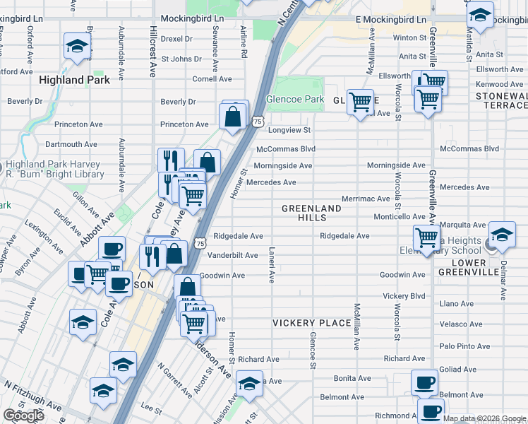 map of restaurants, bars, coffee shops, grocery stores, and more near 5252 Monticello Avenue in Dallas