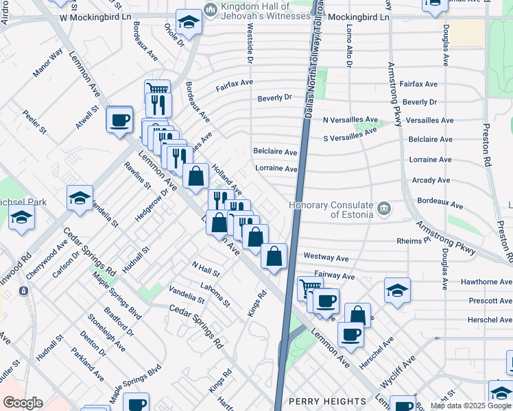 map of restaurants, bars, coffee shops, grocery stores, and more near 3604 Cedarplaza Lane in Dallas
