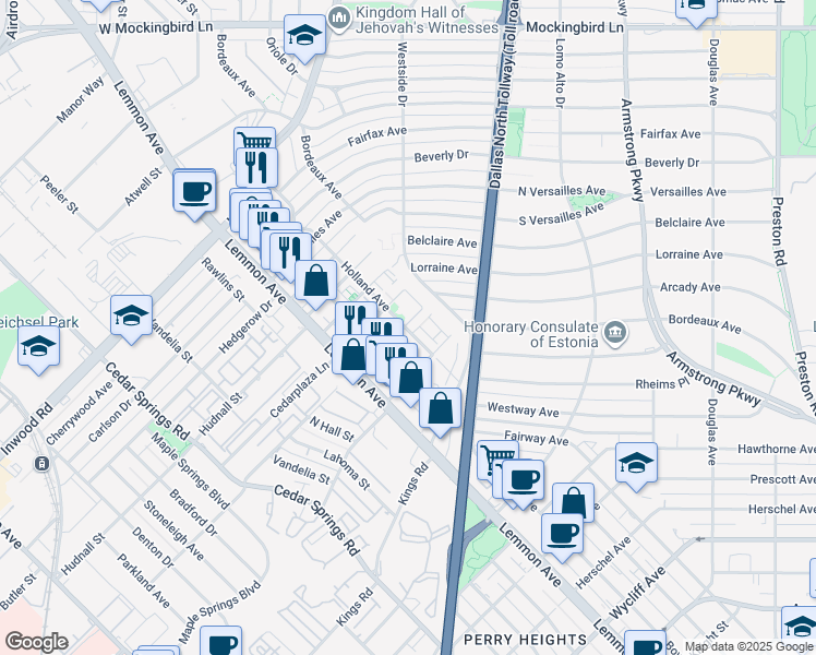 map of restaurants, bars, coffee shops, grocery stores, and more near 3604 Cedarplaza Lane in Dallas