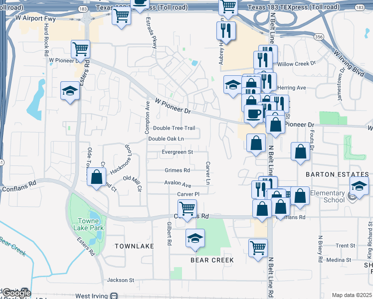 map of restaurants, bars, coffee shops, grocery stores, and more near 3841 Evergreen Street in Irving