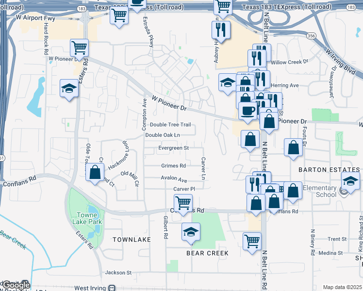 map of restaurants, bars, coffee shops, grocery stores, and more near 3849 Evergreen Street in Irving