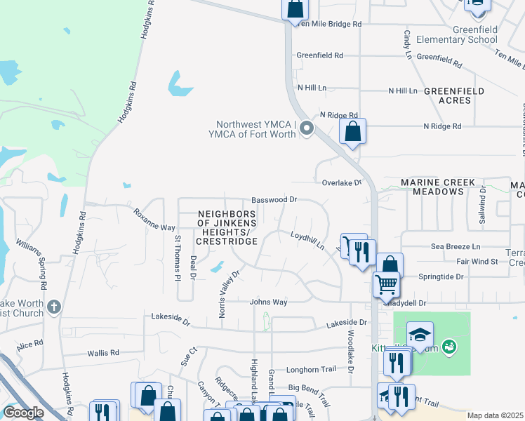 map of restaurants, bars, coffee shops, grocery stores, and more near 4901 Jamesway Road in Fort Worth