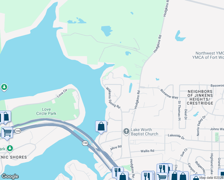 map of restaurants, bars, coffee shops, grocery stores, and more near 4822 Williams Spring Road in Fort Worth