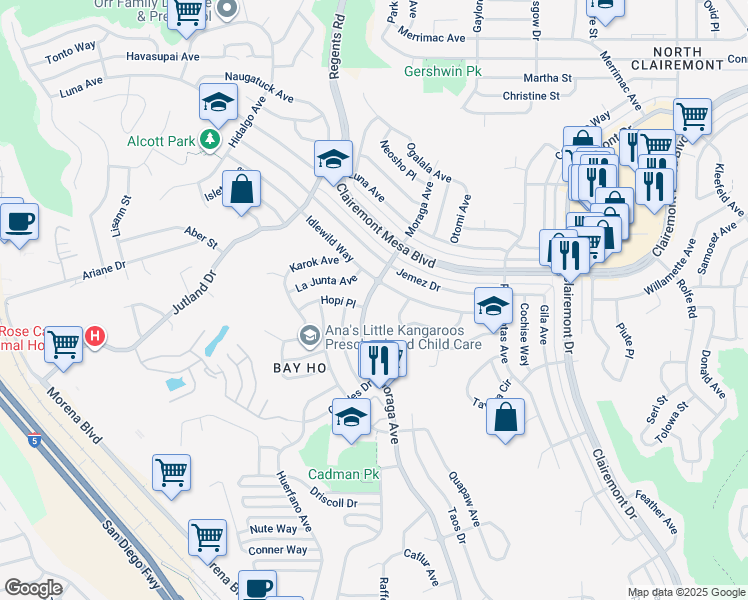 map of restaurants, bars, coffee shops, grocery stores, and more near 4543 Moraga Avenue in San Diego