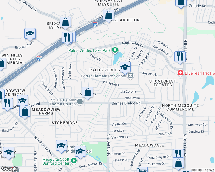 map of restaurants, bars, coffee shops, grocery stores, and more near 726 Via Del Rey in Mesquite