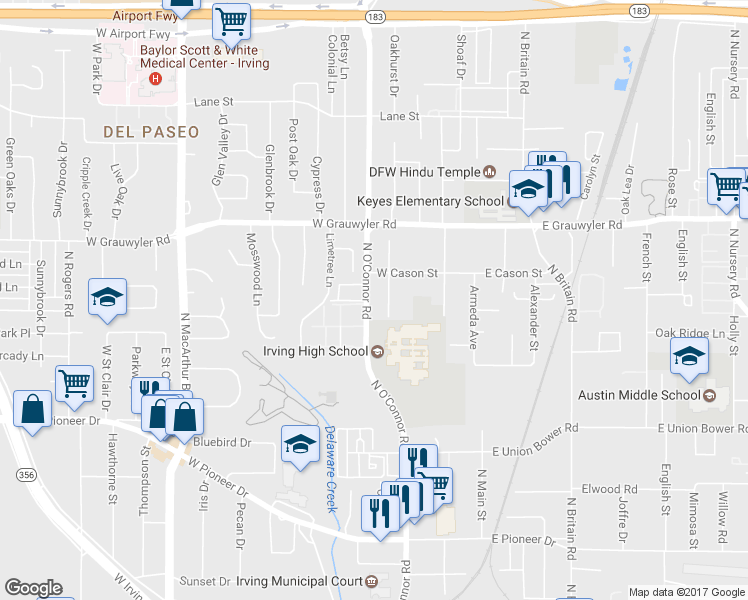 map of restaurants, bars, coffee shops, grocery stores, and more near 1112 North O'Connor Road in Irving