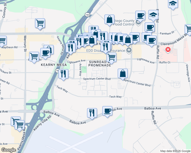 map of restaurants, bars, coffee shops, grocery stores, and more near 8829 Spectrum Center Boulevard in San Diego