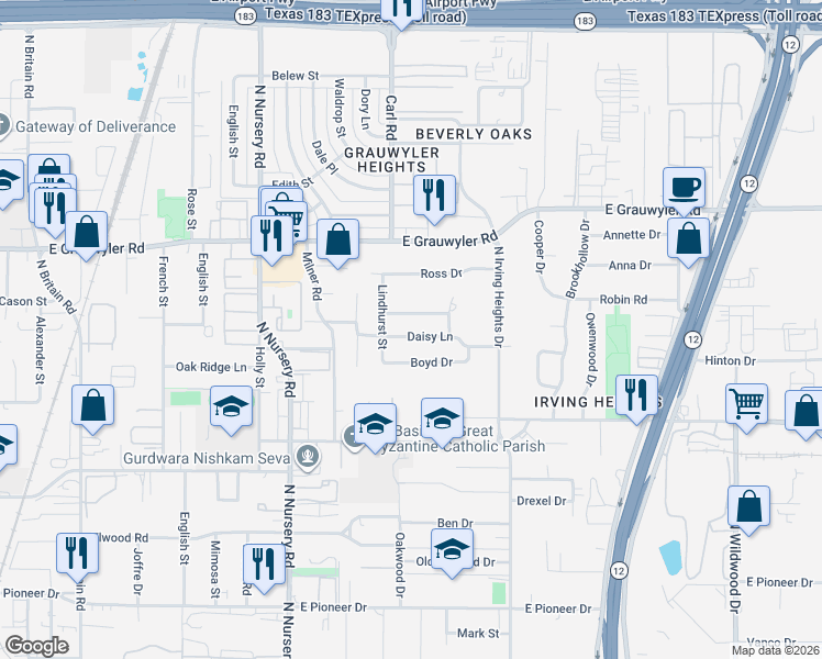 map of restaurants, bars, coffee shops, grocery stores, and more near 1209 Boyd Drive in Irving