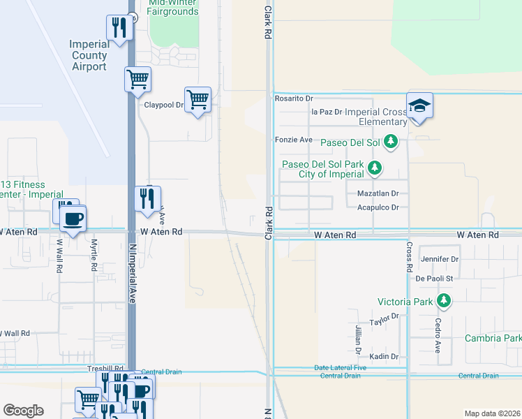 map of restaurants, bars, coffee shops, grocery stores, and more near 2406 Clark Road in Imperial