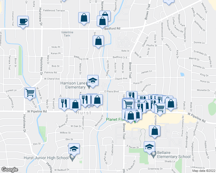 map of restaurants, bars, coffee shops, grocery stores, and more near 101 East Pipeline Road in Hurst