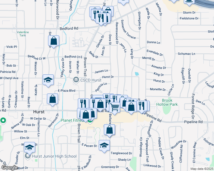 map of restaurants, bars, coffee shops, grocery stores, and more near 344 Hurst Drive in Bedford