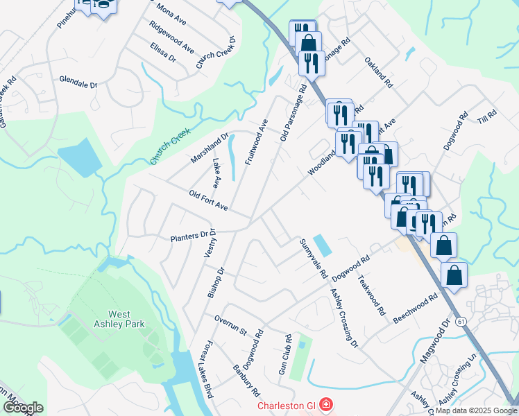 map of restaurants, bars, coffee shops, grocery stores, and more near 1966 Old Parsonage Road in Charleston