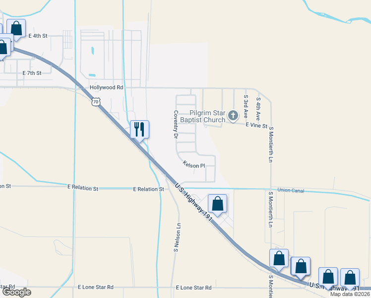 map of restaurants, bars, coffee shops, grocery stores, and more near 1550 Whirlwind Way in Safford