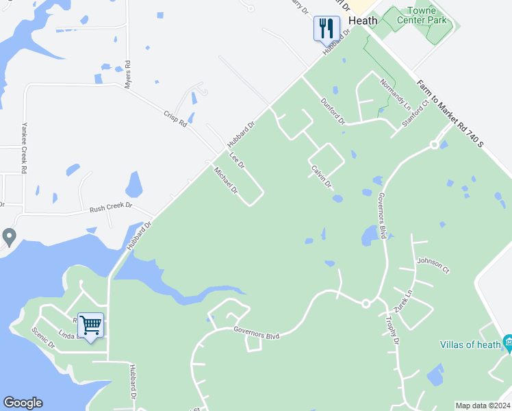 map of restaurants, bars, coffee shops, grocery stores, and more near 16 Lee Circle in Heath