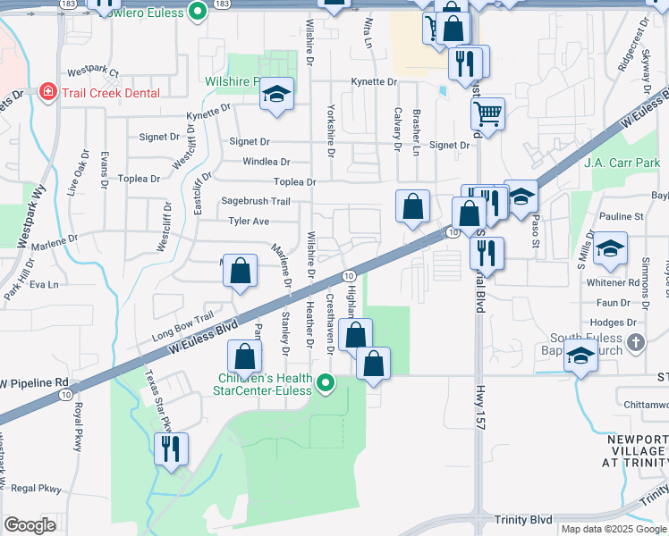 map of restaurants, bars, coffee shops, grocery stores, and more near 1400 West Euless Boulevard in Euless