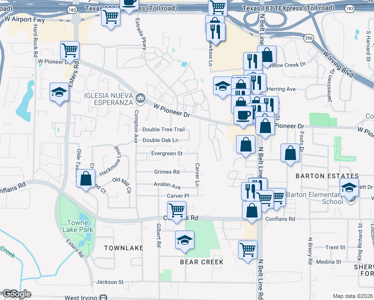 map of restaurants, bars, coffee shops, grocery stores, and more near 3791 Evergreen Street in Irving