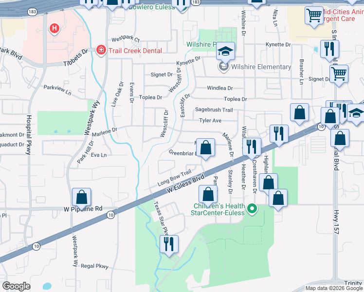 map of restaurants, bars, coffee shops, grocery stores, and more near 1817 Marlene Drive in Euless