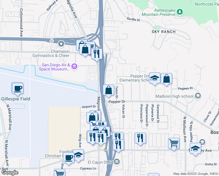 map of restaurants, bars, coffee shops, grocery stores, and more near 8253 Graves Avenue in Santee