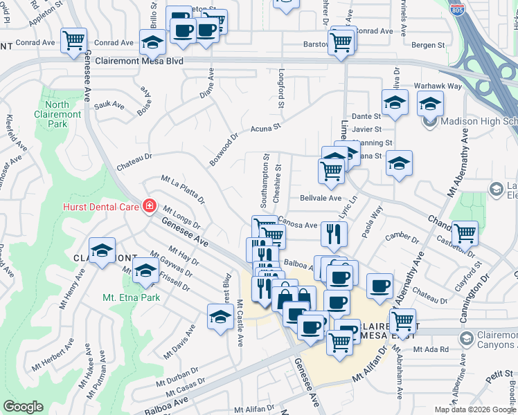 map of restaurants, bars, coffee shops, grocery stores, and more near 4568 Southampton Street in San Diego