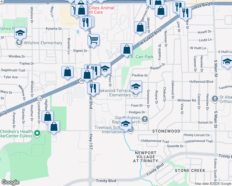 map of restaurants, bars, coffee shops, grocery stores, and more near 917 Del Paso Street in Euless