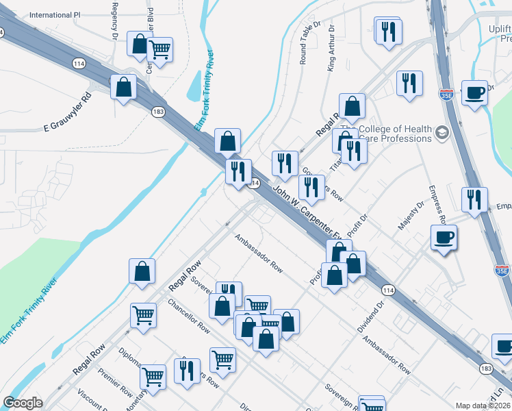 map of restaurants, bars, coffee shops, grocery stores, and more near Regal Row in Dallas
