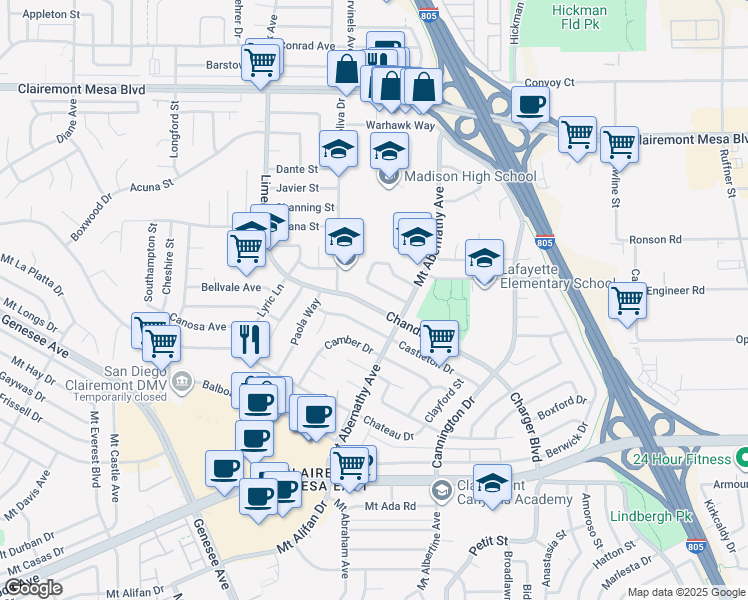 map of restaurants, bars, coffee shops, grocery stores, and more near 5656 Chandler Drive in San Diego