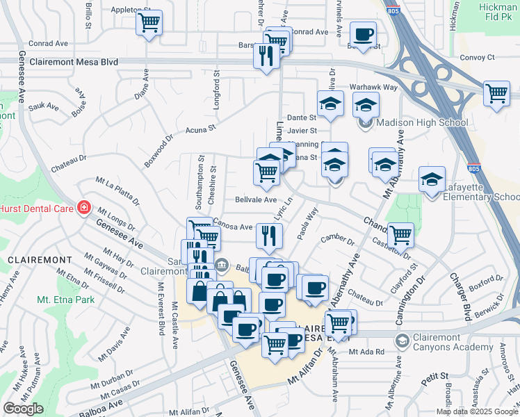 map of restaurants, bars, coffee shops, grocery stores, and more near 5146 Bellvale Avenue in San Diego