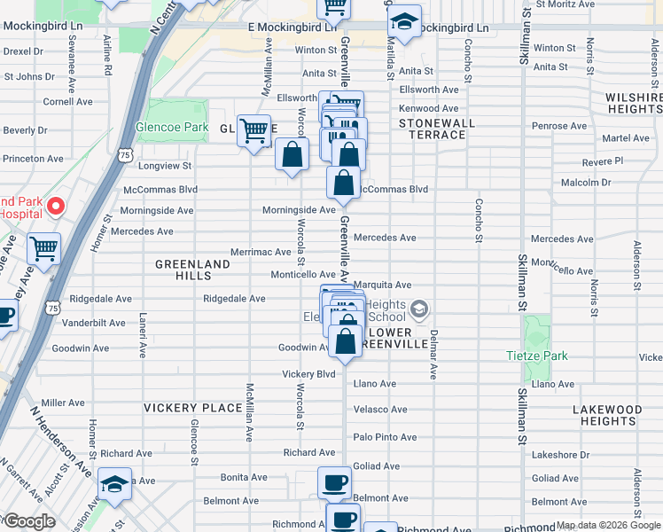 map of restaurants, bars, coffee shops, grocery stores, and more near 5627 Merrimac Avenue in Dallas