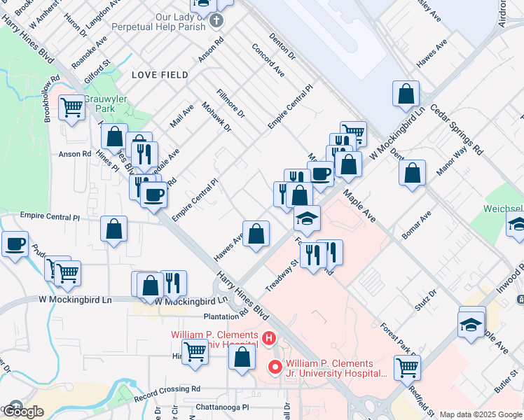 map of restaurants, bars, coffee shops, grocery stores, and more near 6719 Heartsill Drive in Dallas