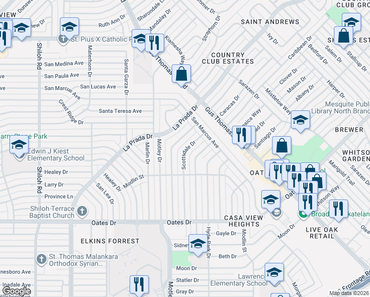 map of restaurants, bars, coffee shops, grocery stores, and more near 4610 Harvey Drive in Mesquite